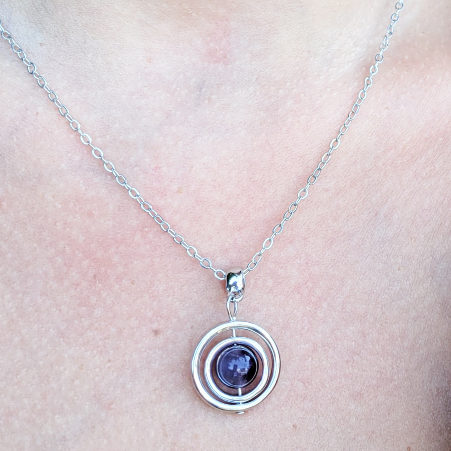 Fidget spinner natural purple gemstone necklace on silver chain